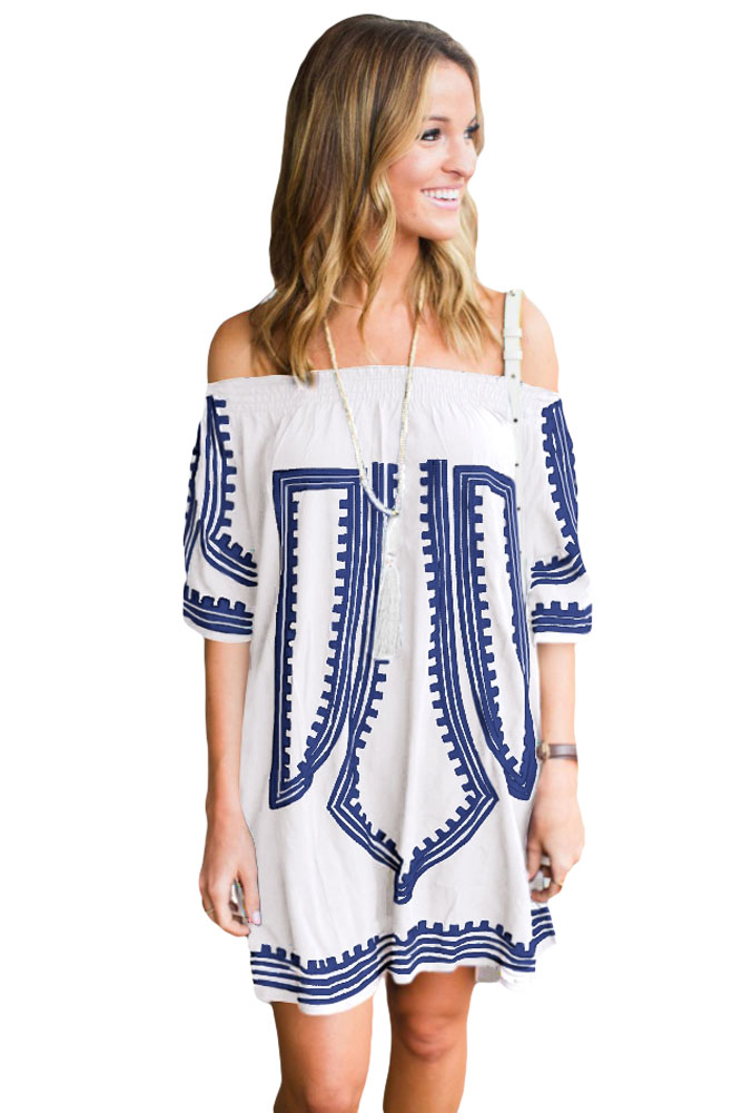White Bohemian Vibe Geometric Print Off The Shoulder Beach Dress