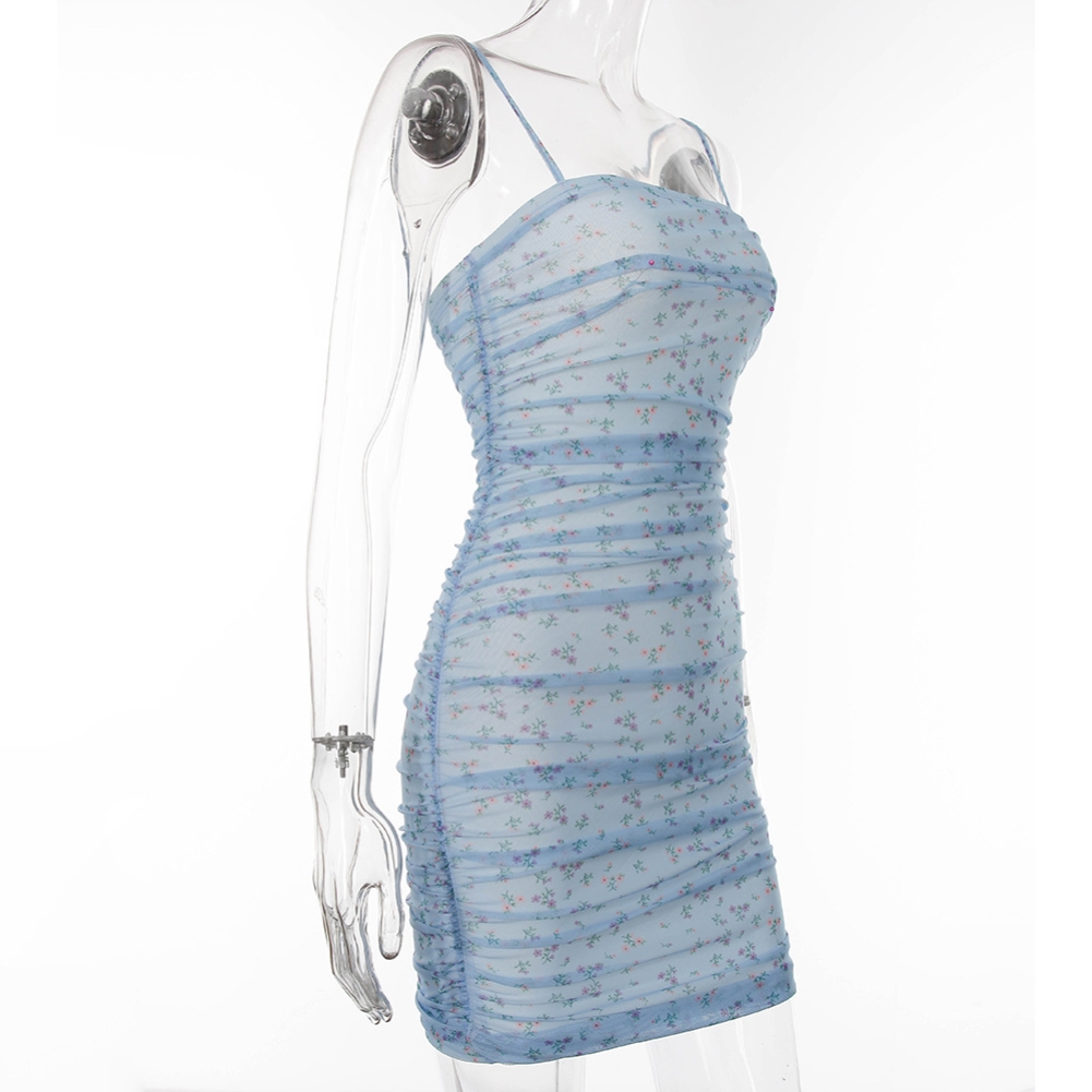 Summer Floral Blue Strap Slim Dress