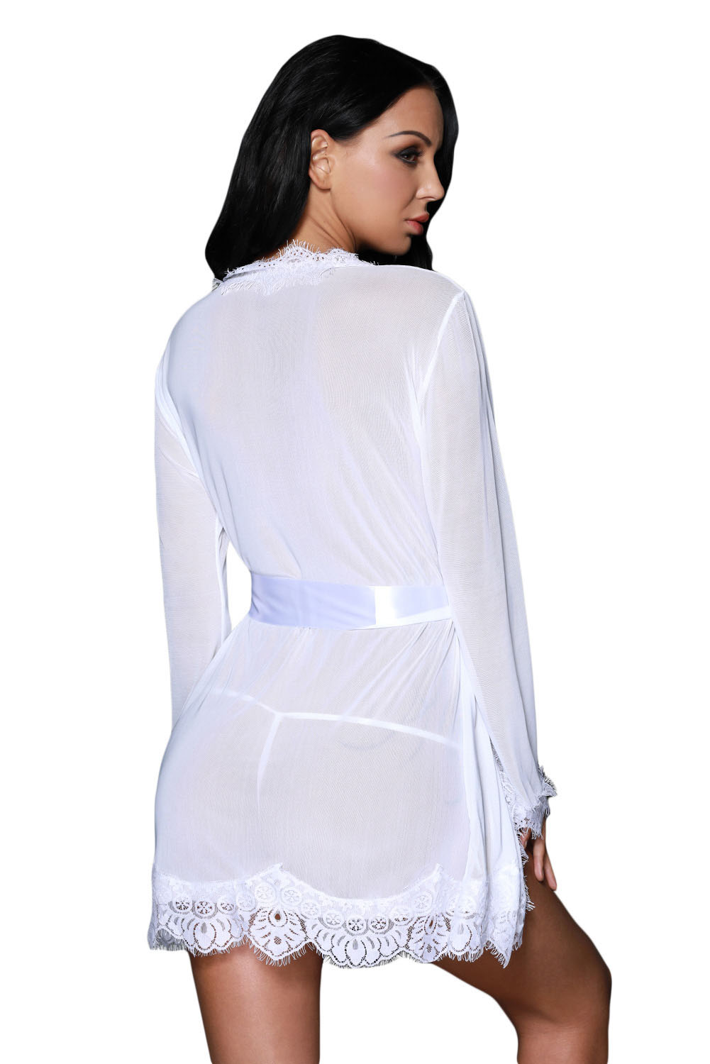 White Lace Trim Robe with Thong