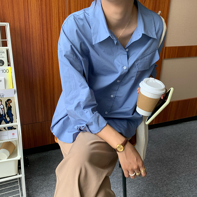 [黄峥]不规则拼贴口袋纯色长袖衬衫女2020秋季韩版宽松衬衣C78278