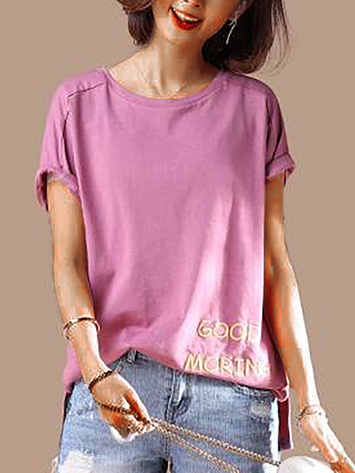 Plus Size Women  Embroidered Floral Short  Sleeve  Round  Neck  Solid  Loose Casual Top