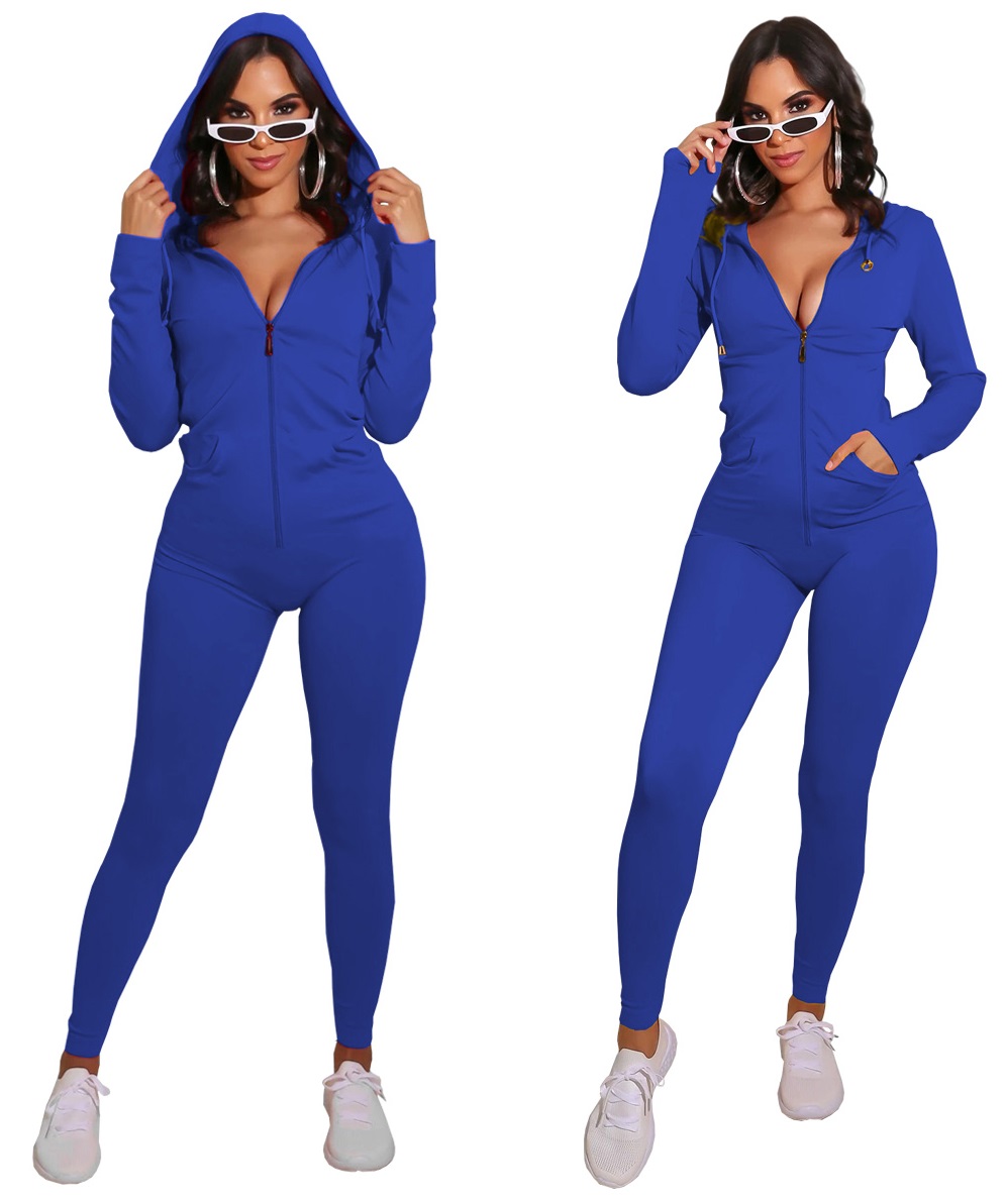 Autumn Sports Fitness Solid Plain Zip Up Hoodie Jumpsuit