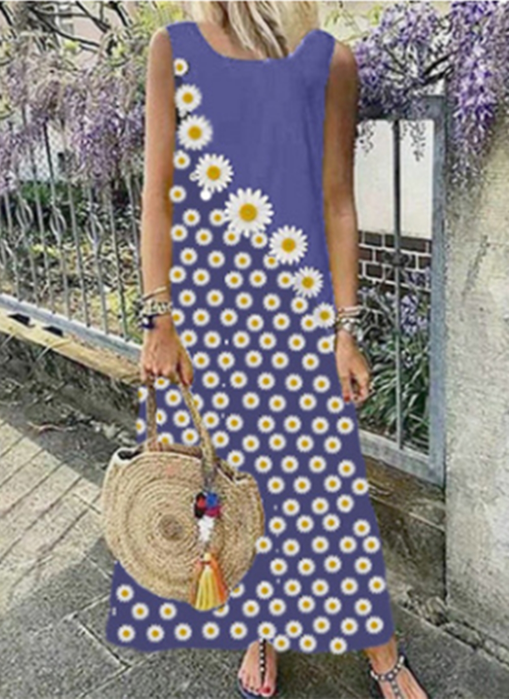 Flower Print Sleeveless Long Boho Dress