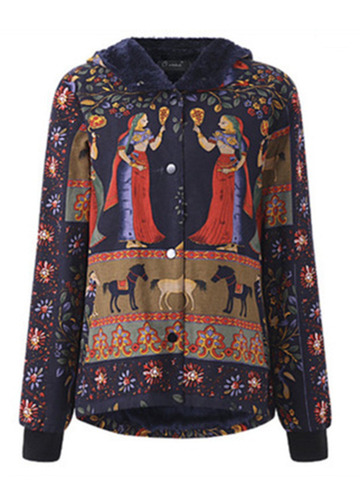 Fleece-lined Tribal Printed Long Sleeve Hoodie Coat