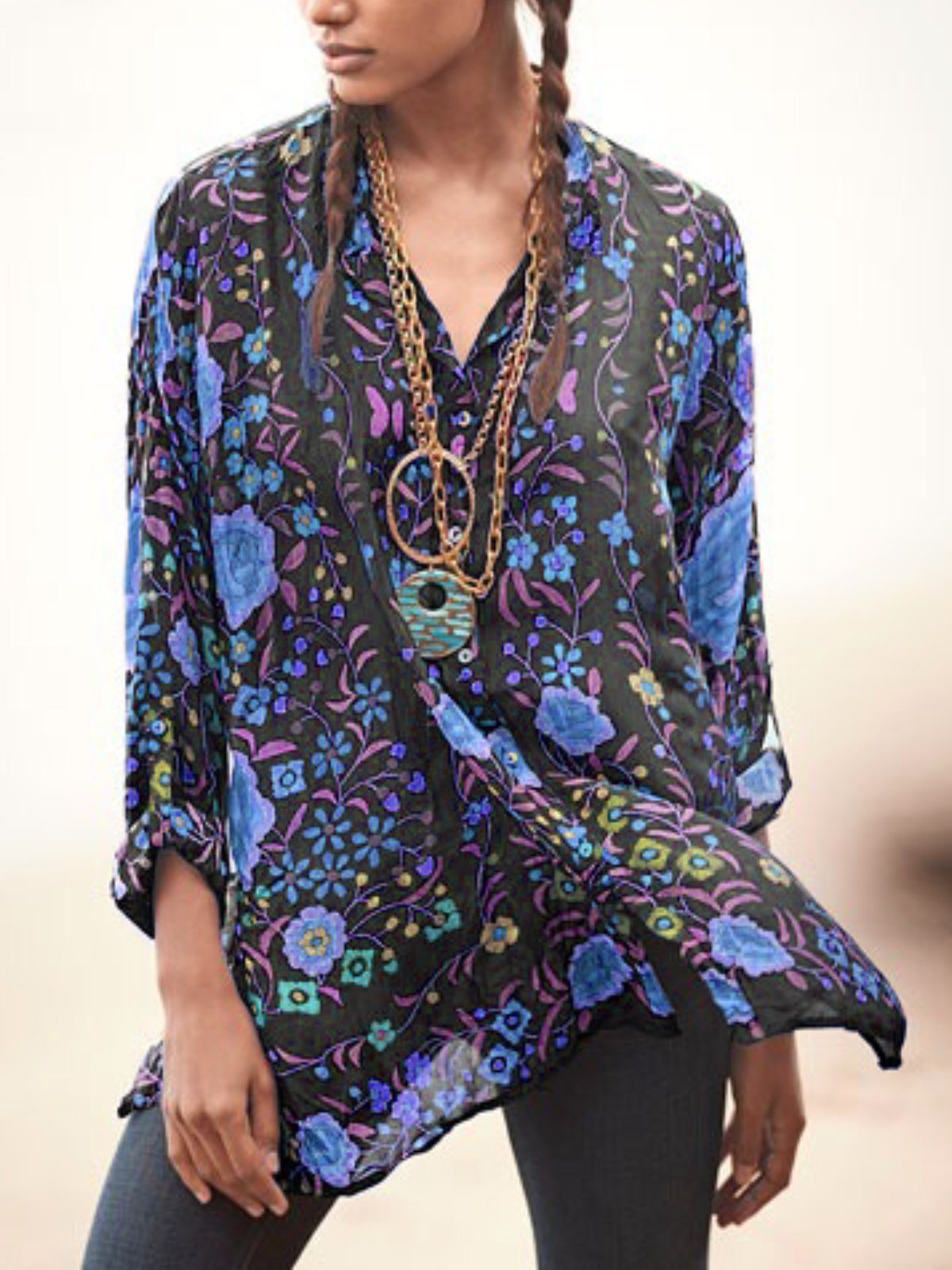 Casual Long Sleeve V Neck Plus Size Tops