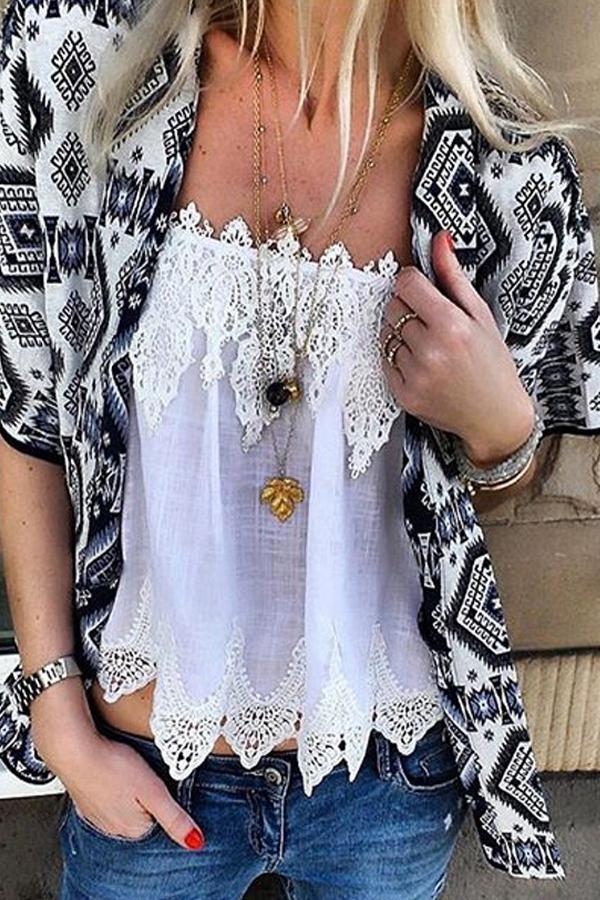 Bohemian Printed Short Sleeve Cardigan Lace Vest Suits