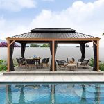 PURPLE LEAF 12�� X 20�� Outdoor Hardtop Gazebo for Patio Galvanized Steel Double Roof Permanent Canopy Teak Finish Coated Aluminum Frame Pavilion Gazebo with Netting