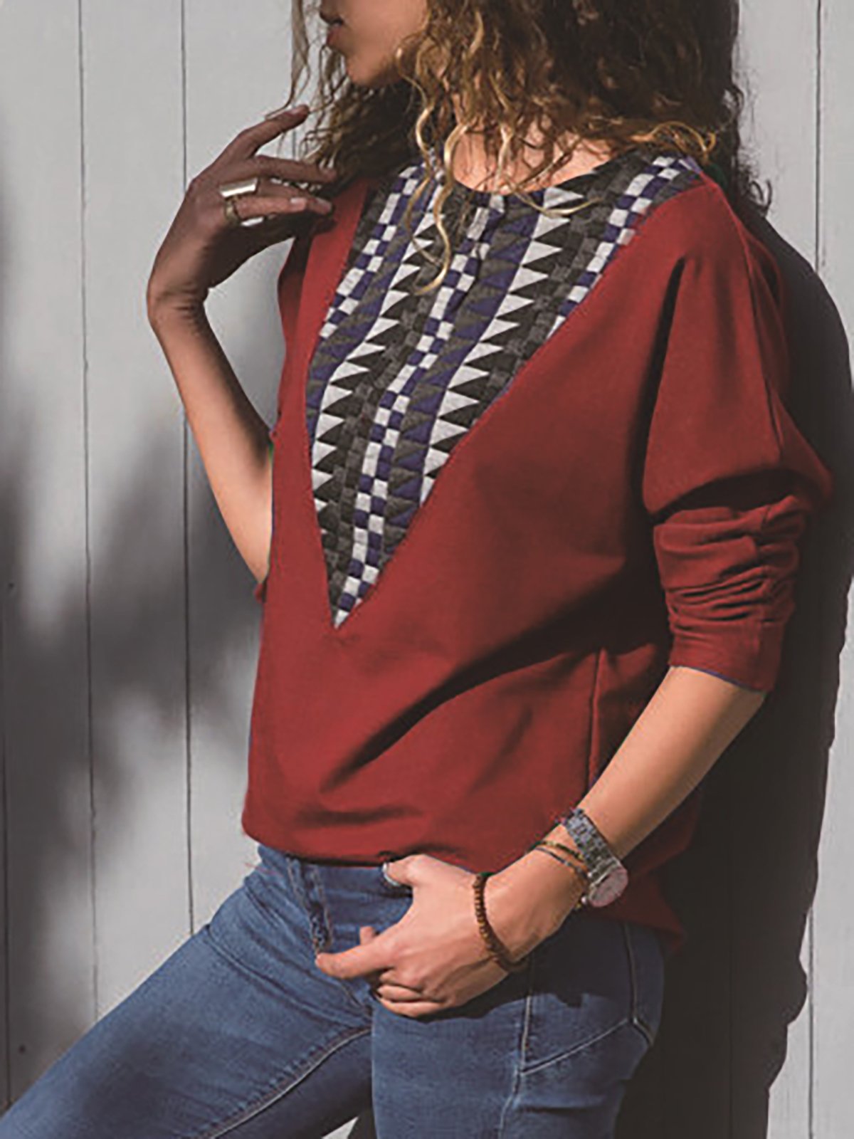 Red Polyester Crew Neck Casual Geometric T-Shirt