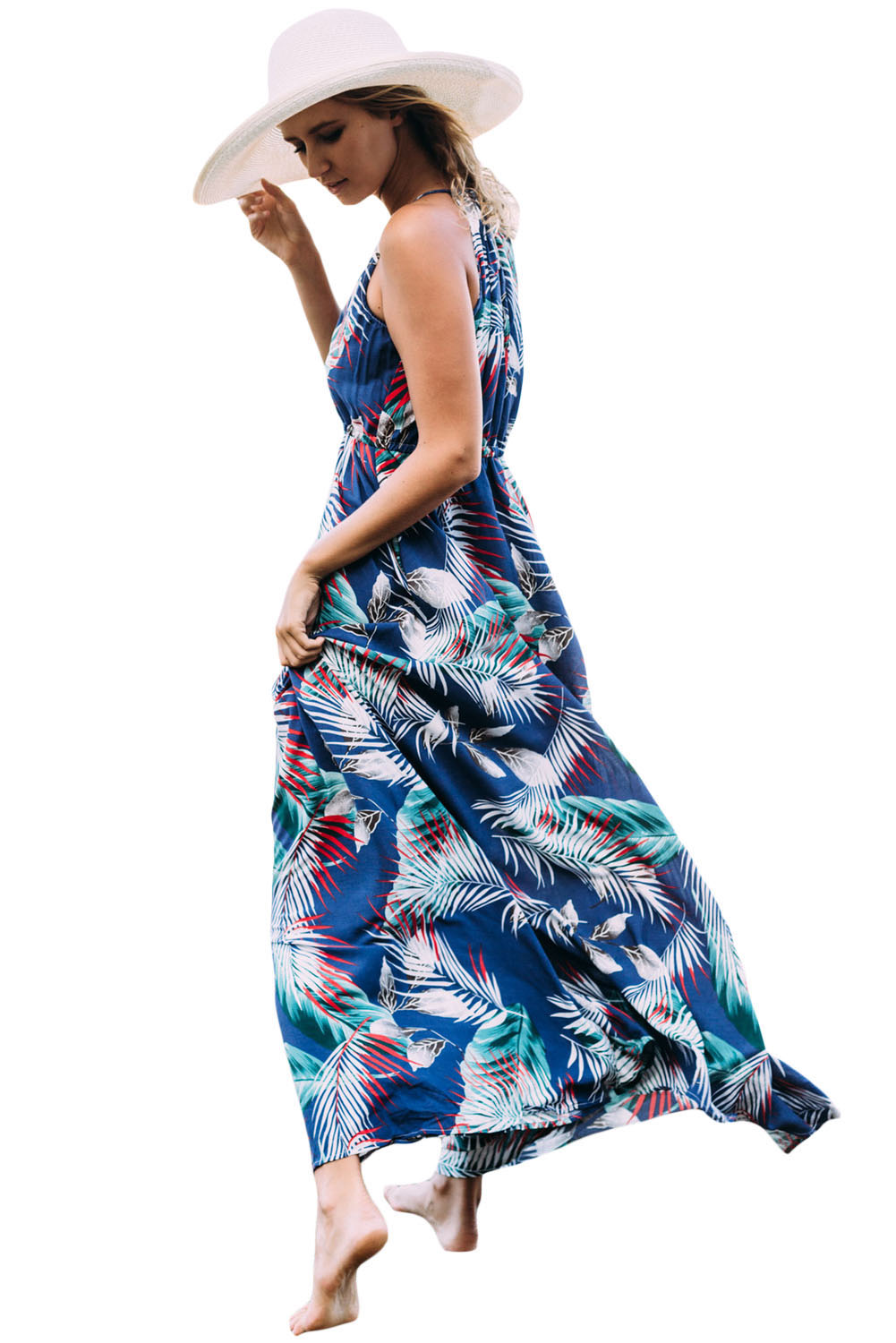 Blue Tropical Leaf Print Sexy V Neck Maxi Dress