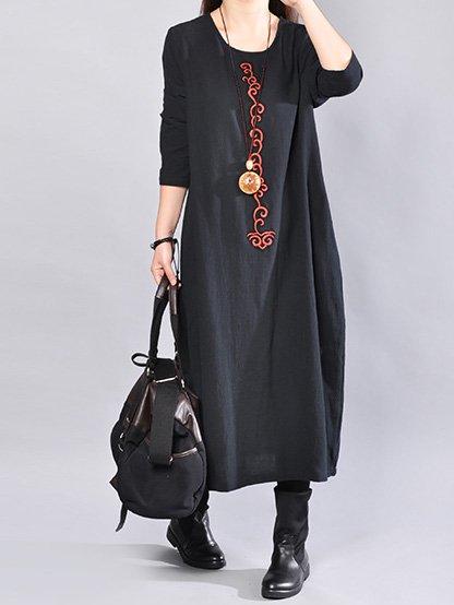 Women Solid Crew Neck Casual Loose Cotton Embroider Dress