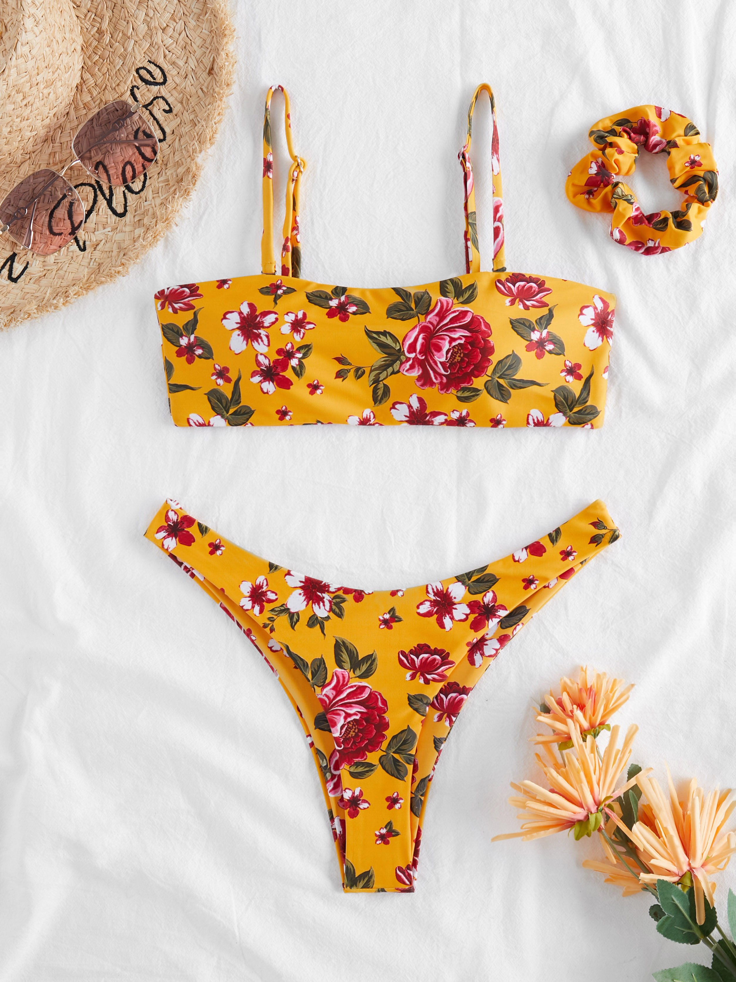 Retro Floral Print High Cut Bikini