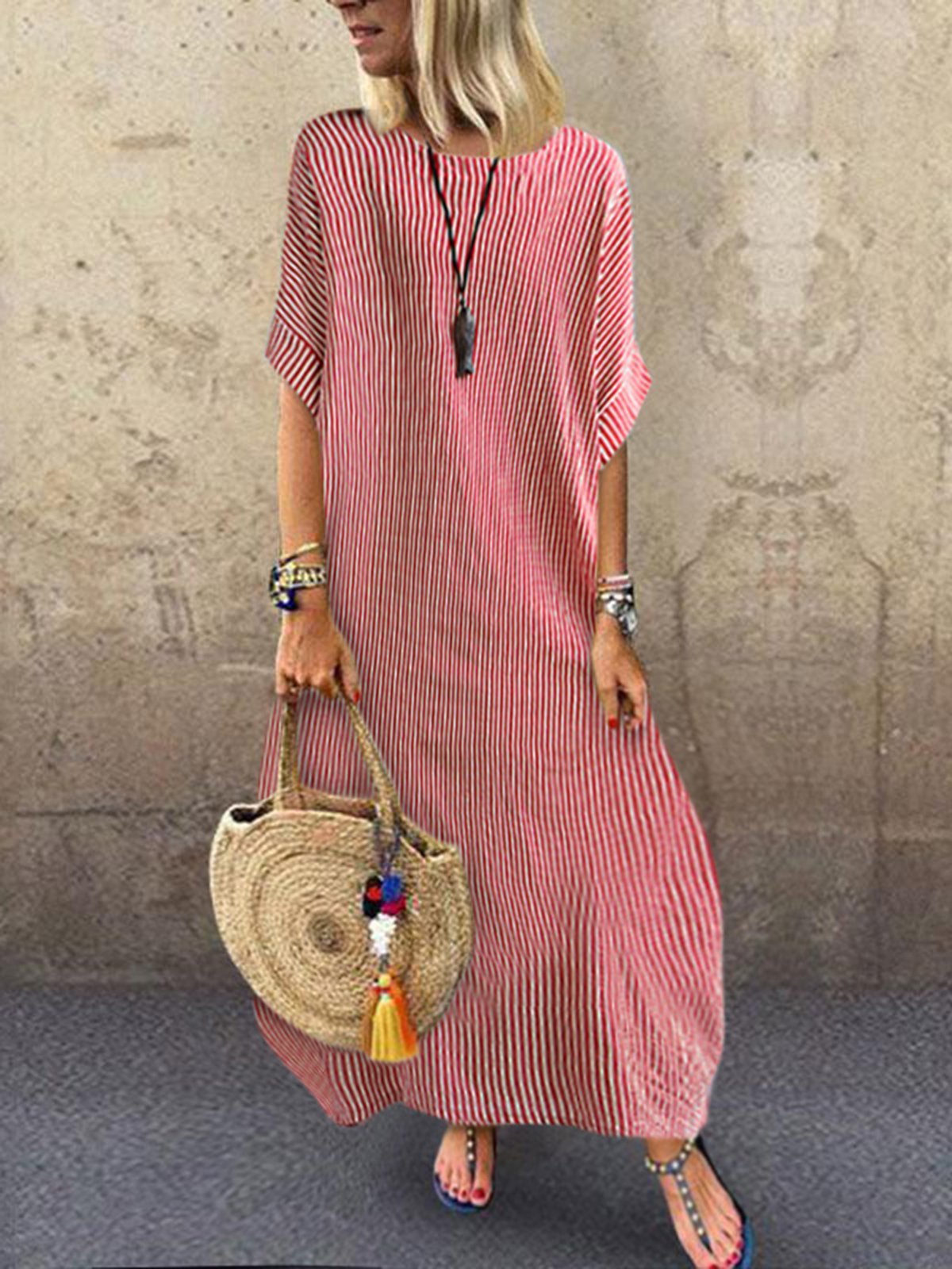 Stripes Round Neck Holiday Casual Half Sleeve Dresses