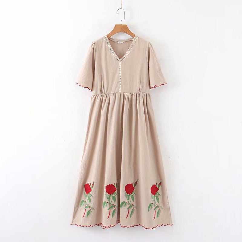 Floral embroidery short sleeve beach Bohemian linen cotton maxi dress