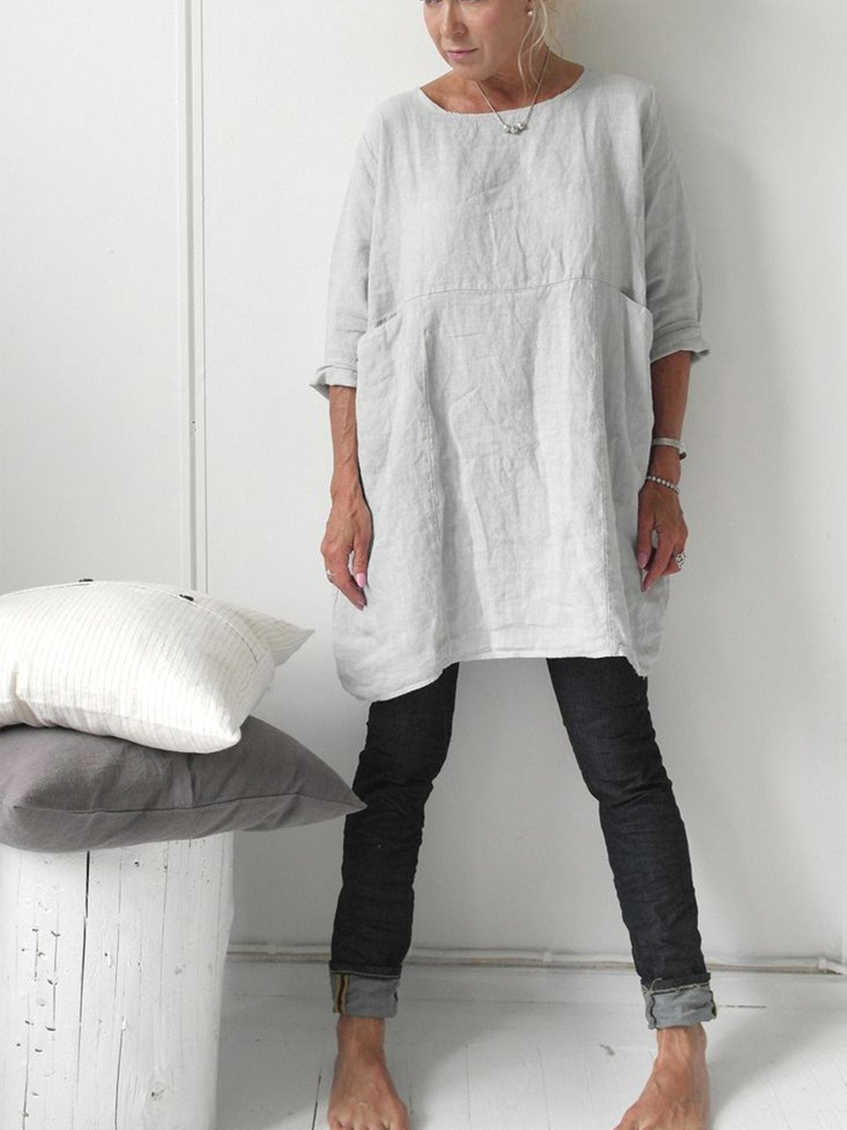 3/4 Sleeve Crew Neck Cotton-Blend T-shirt