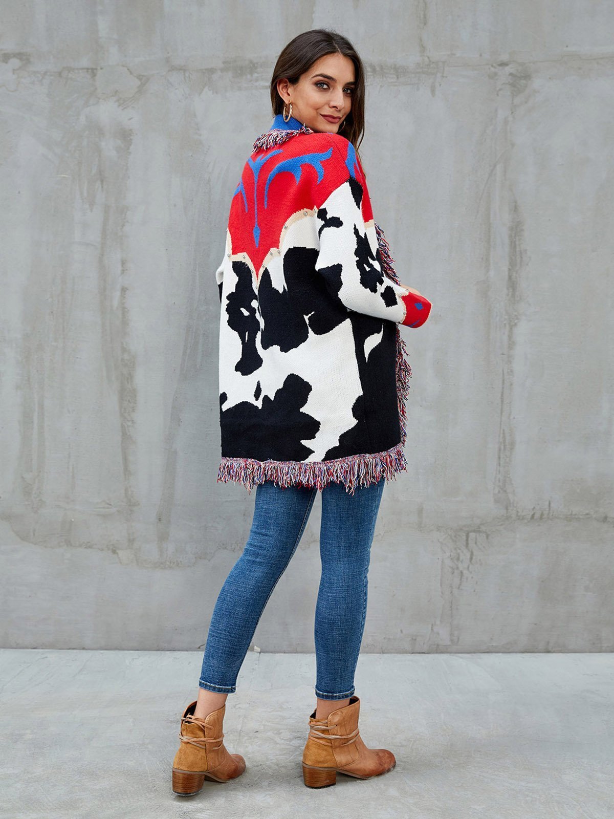 Red Shawl Collar Fringed Embroidered Cardigan