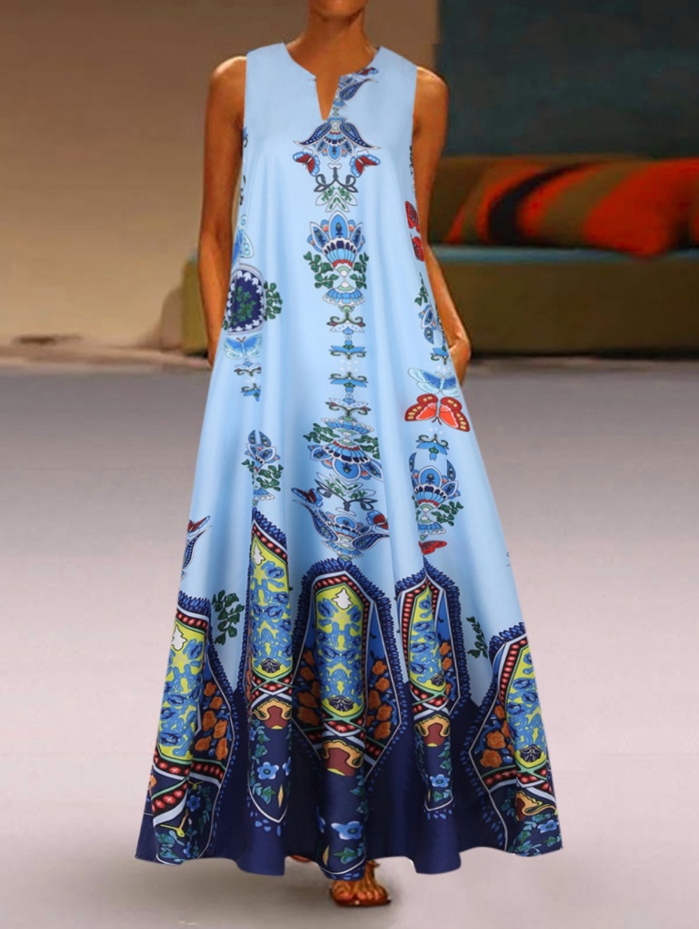 Retro Print Sleeveless Long Boho Dress