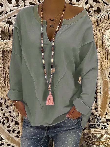 Paneled Polyester Casual V-Neck Blouse