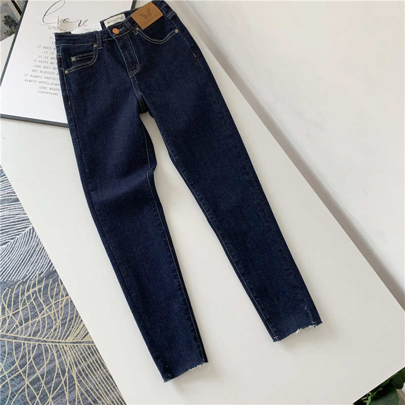 舒适好穿~小脚毛边修身牛仔裤女秋冬高腰显瘦弹力休闲皮标九分裤