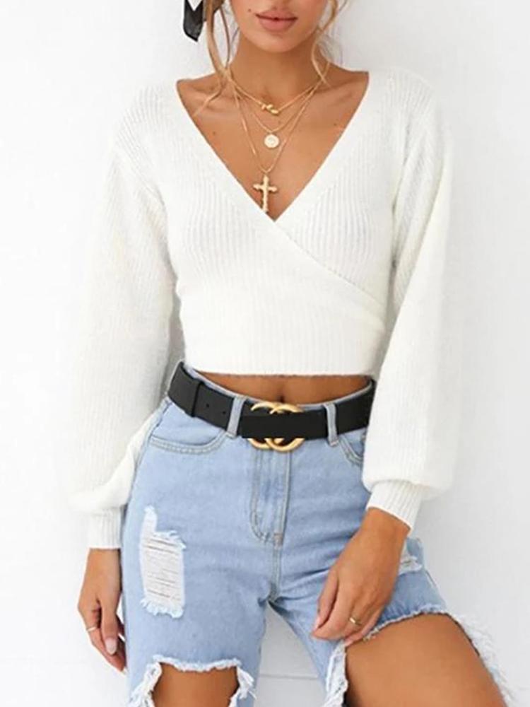 Brief V Neck Pure Color Long Sleeve Sweater