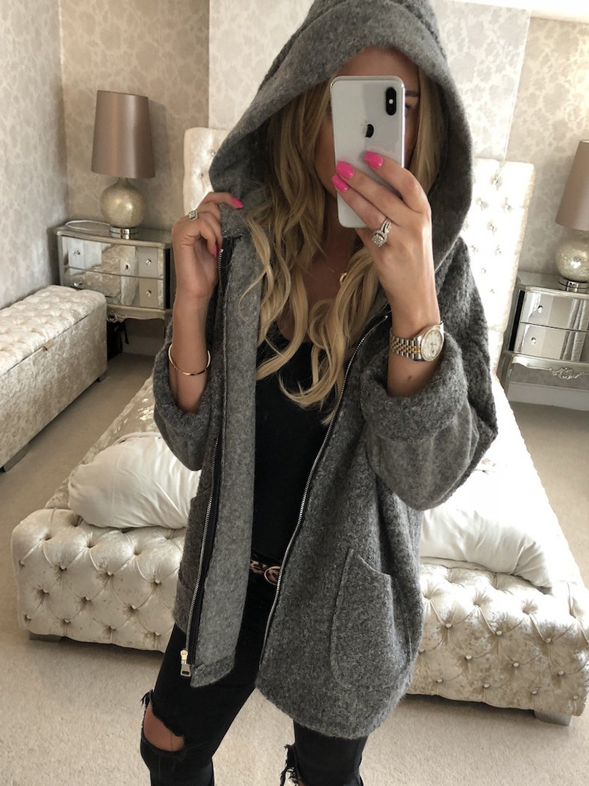 Solid Casual Hooded Zipper Coat