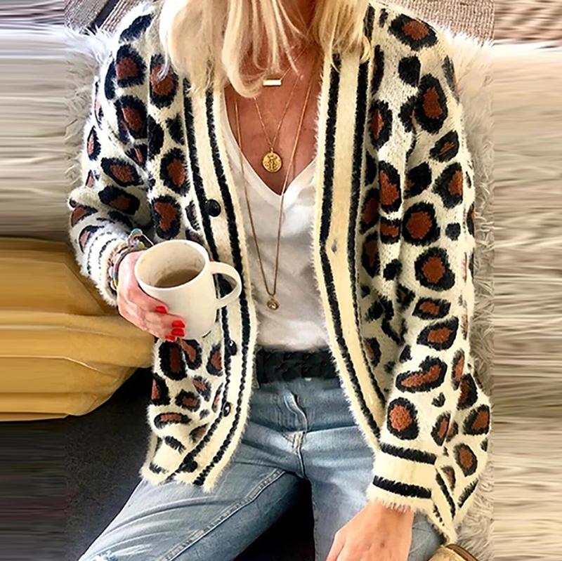 European And American Leopard Single-Breasted Cardigan Sweater
