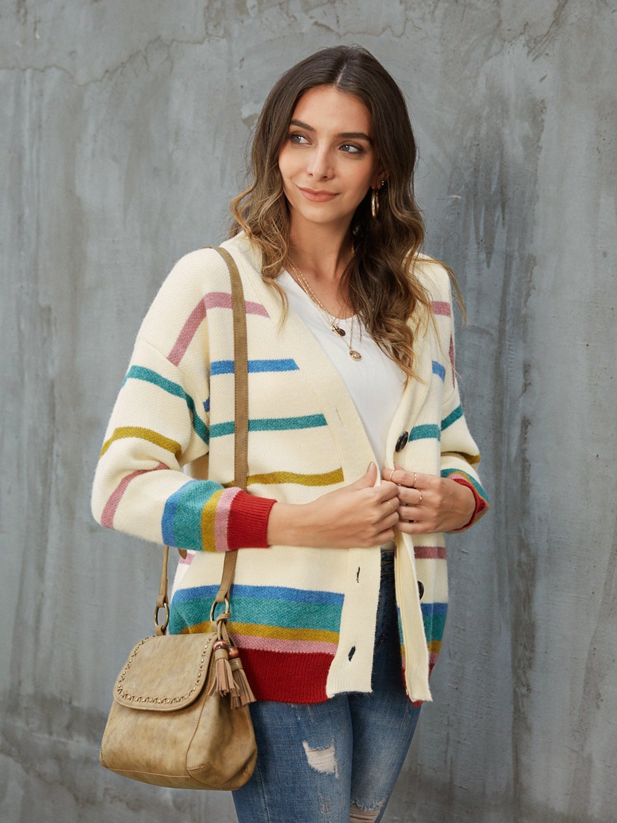 Beige Long Sleeve V Neck Sweater