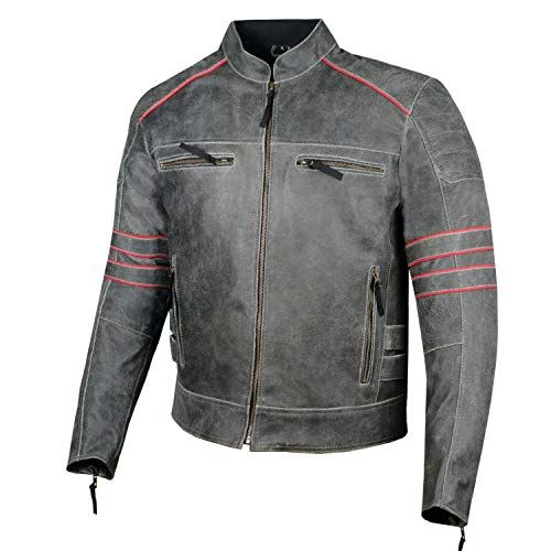 Men’s Vintage Distress Leather Motorcycle Jacket w/ Removable CE Armor / XXL