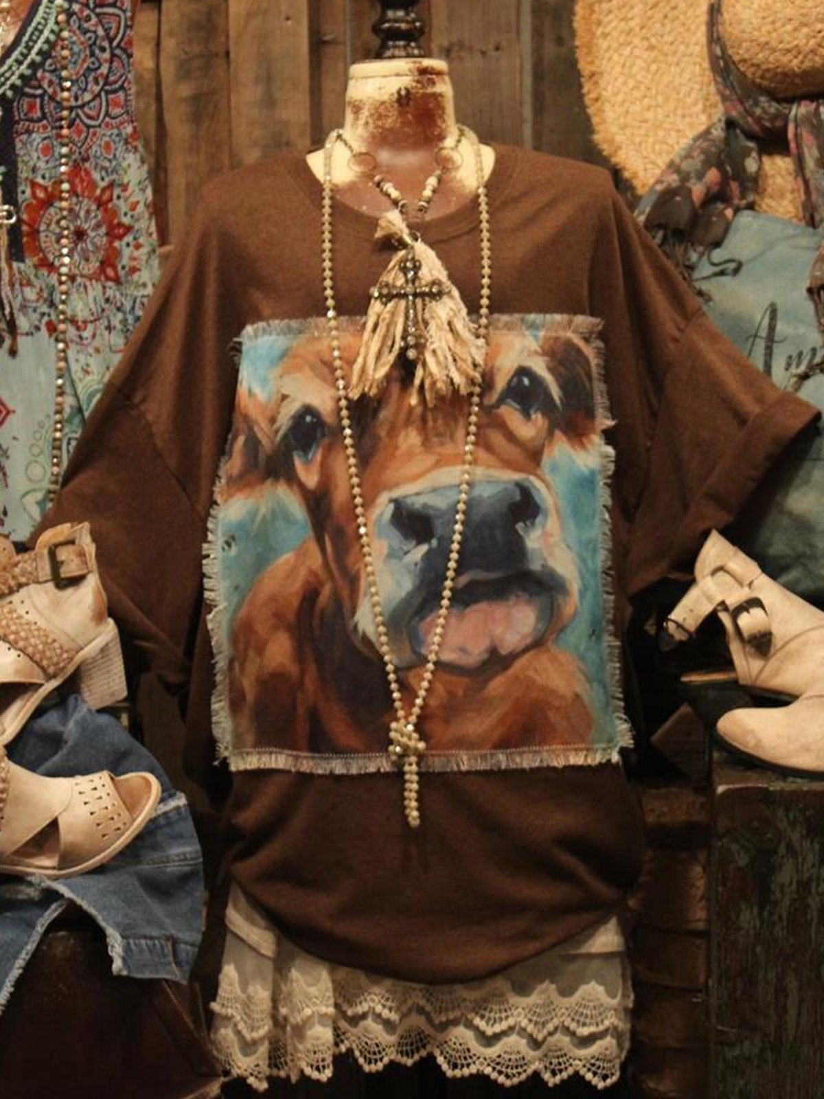 Coffee Vintage Jersey Animal Printed Shirts & Tops