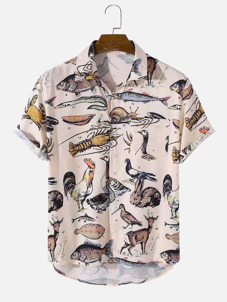 Men's animal print lapel short-sleeved cotton casual shirt