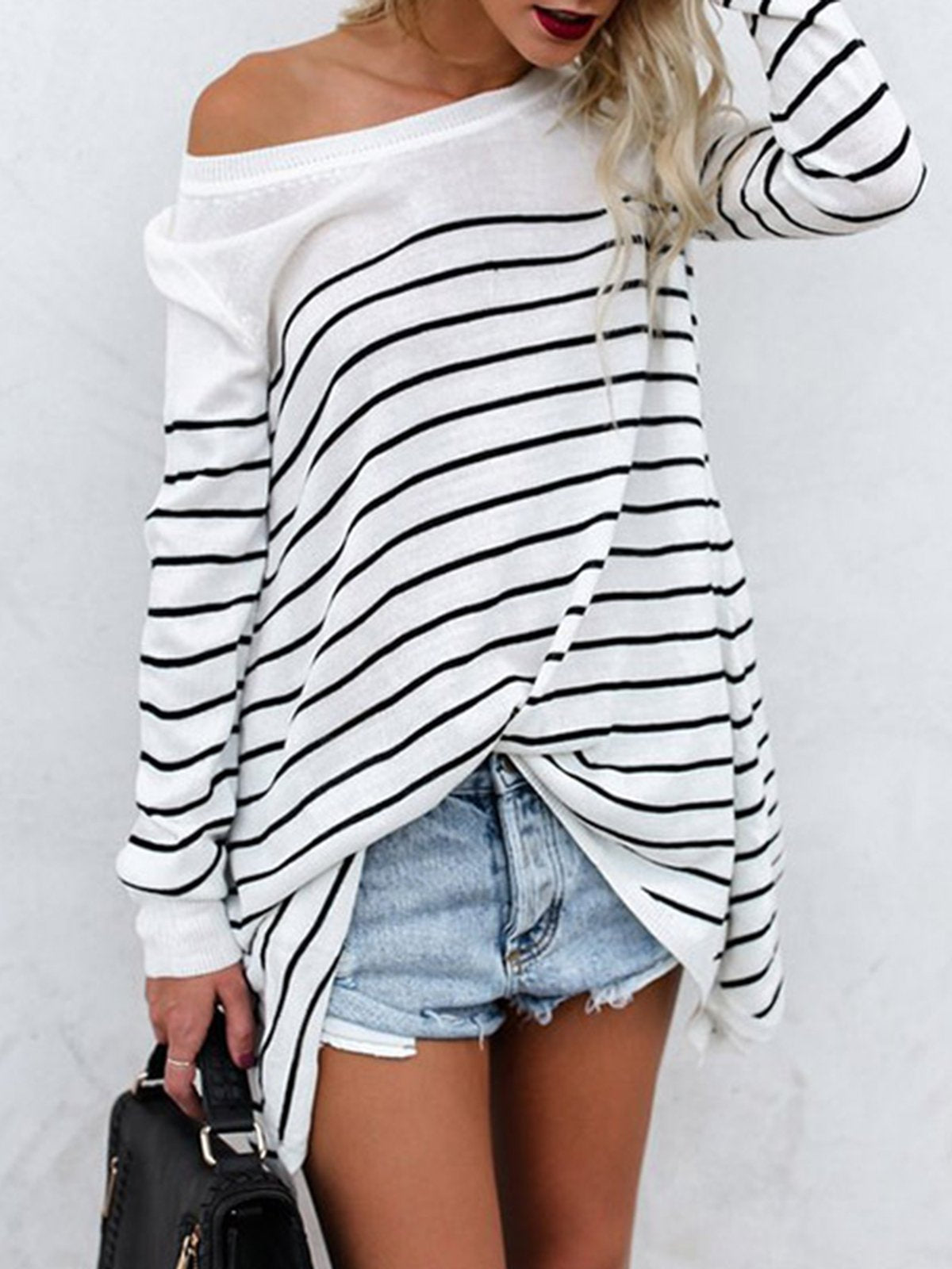 Cotton-blend Striped Casual Crew Neck T-Shirt