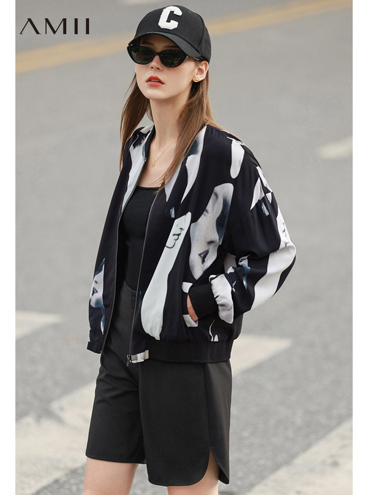 san guige weight Amii Minimalism Spring Women Jacket Casual Printed Short Jackets Loose Zipper Streetwear Coats Ladies Female Outerwear 12240073