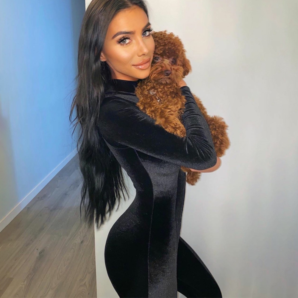 Black Velvet Long Sleeve Zipper Bodycon Jumpsuit