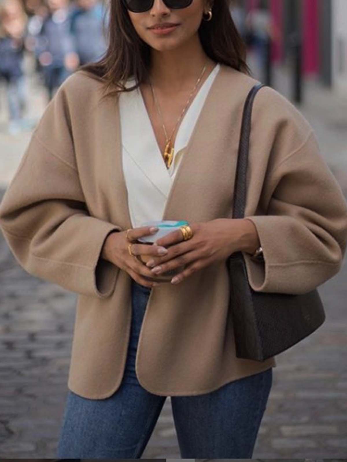 Khaki V Neck Long Sleeve Outerwear