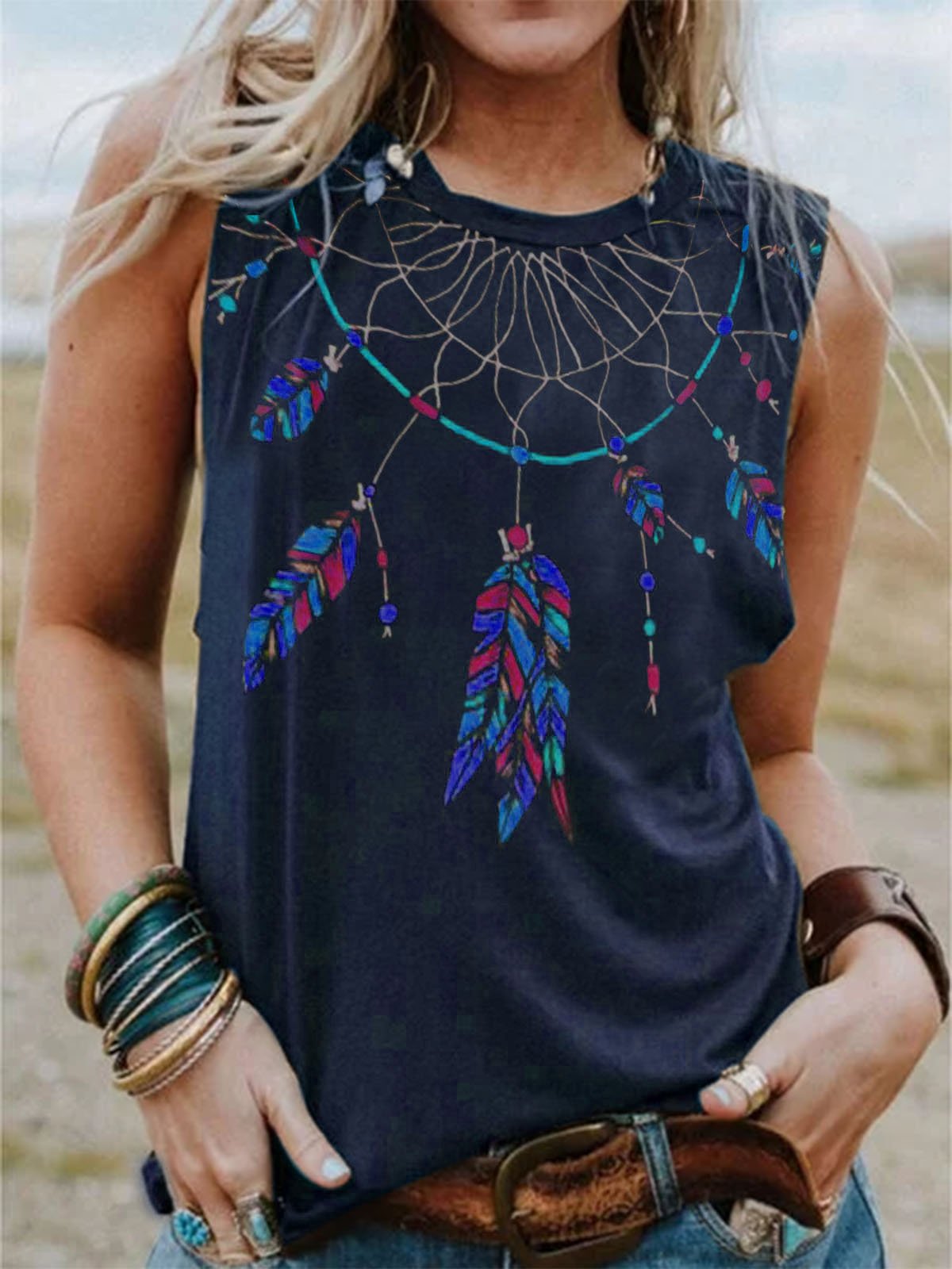 Sleeveless Printed Crew Neck Shirts & Tops