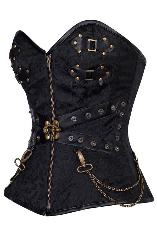 Black Zip Front Steampunk Corset with Thong