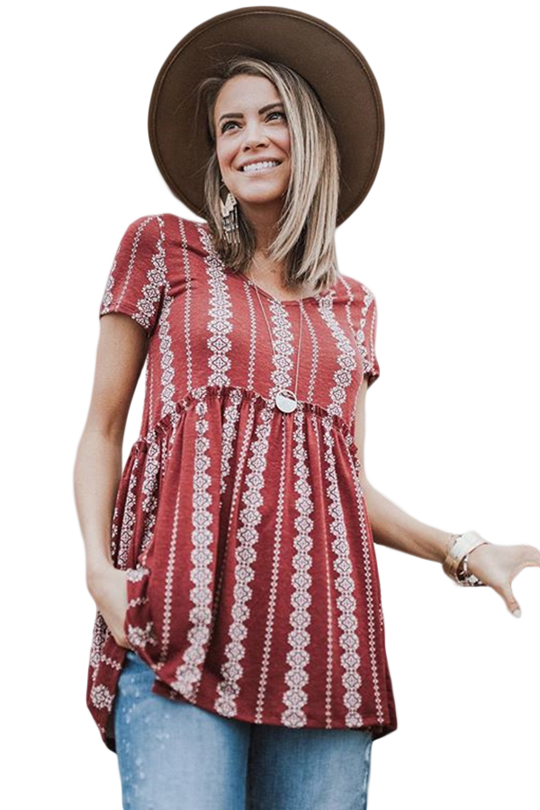 Red Short Sleeve V Neck Floral Print Peplum Tunic Top