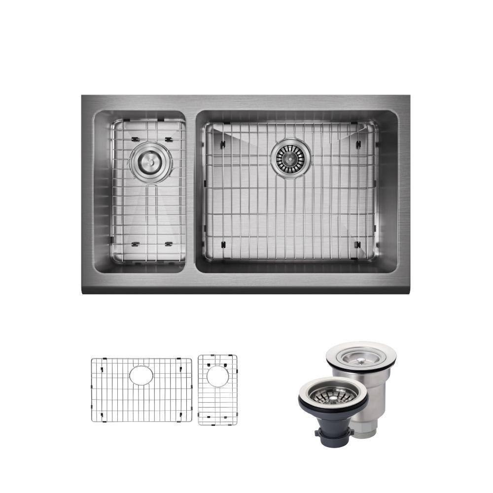 Rene R1-3003R-16 Offset Stainless Steel Apron Kitchen Sink in 16-Gauge with Two Grids and Two Strainers