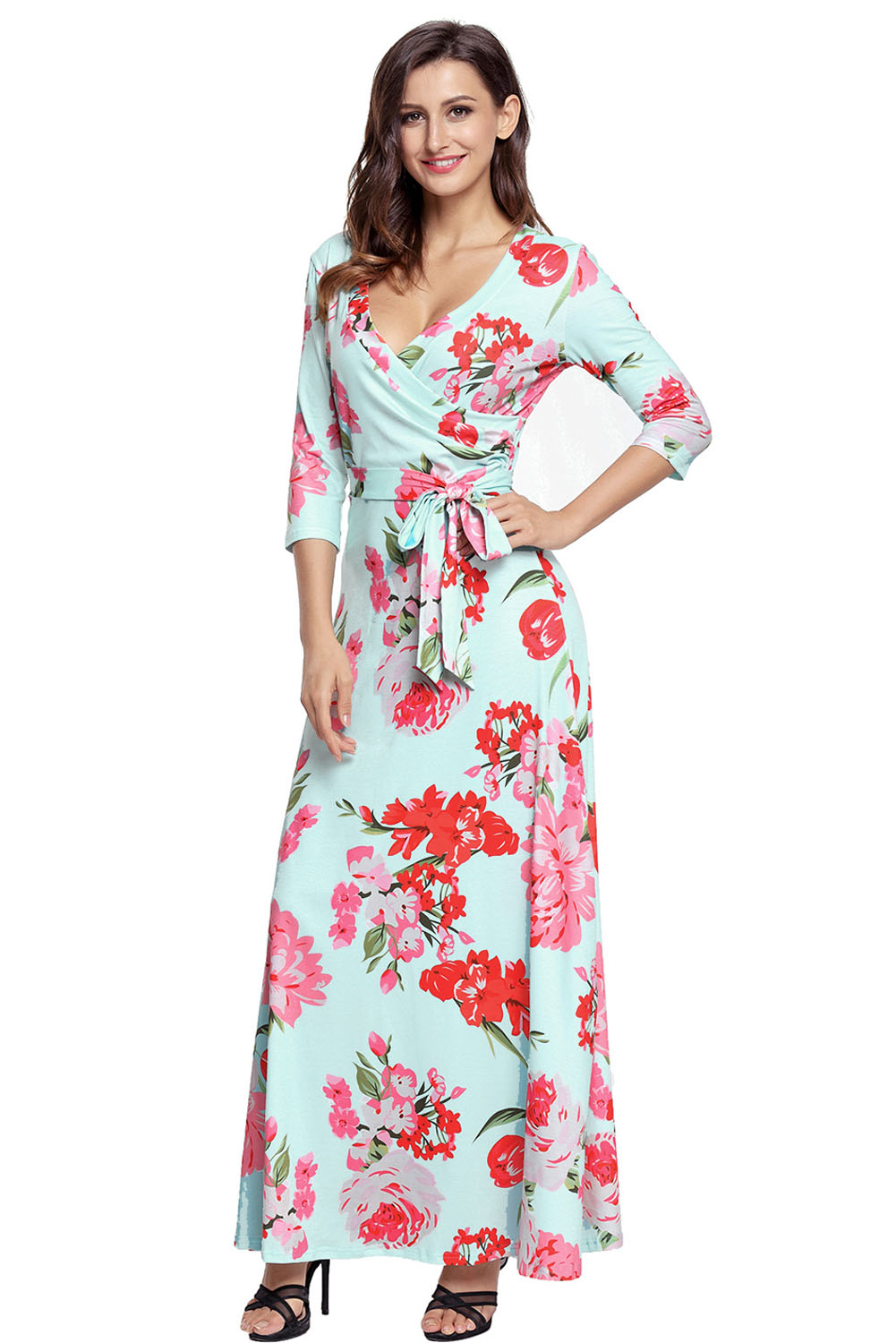 Turquoise Floral Print Wrapped Long Boho Dress