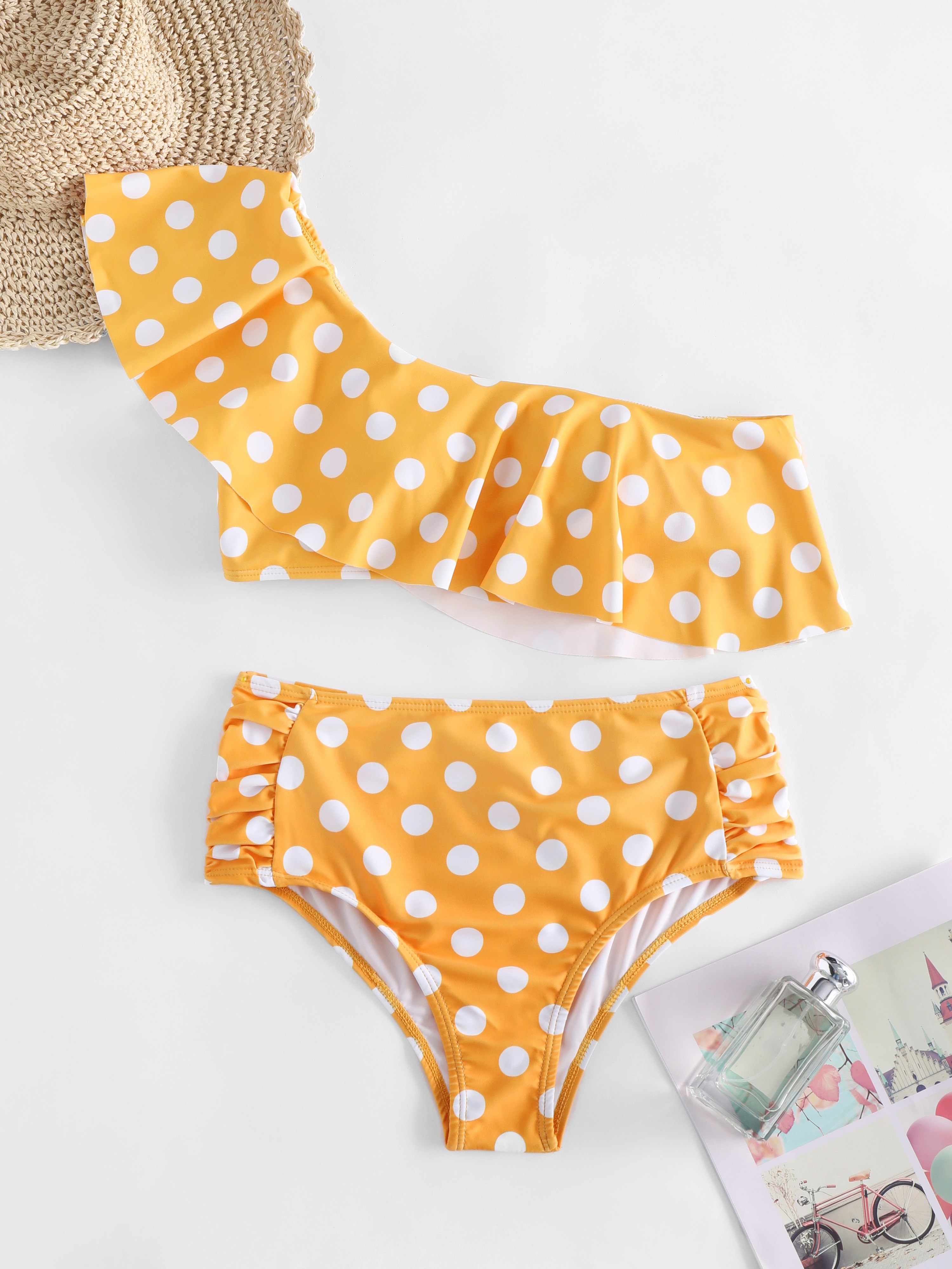 Polka Dot Print One Shoulder Two-Piece Swimsuit