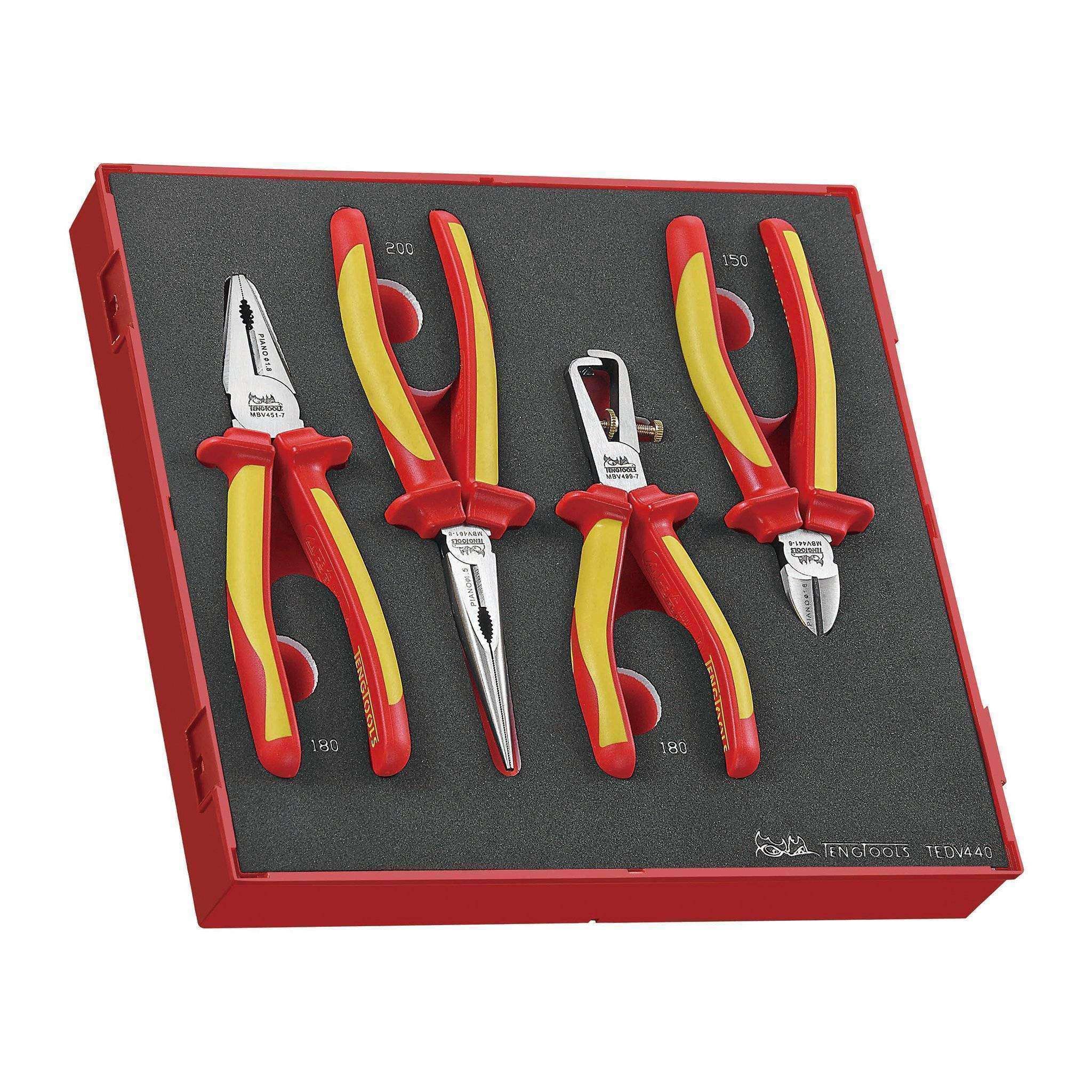 Teng Tools �C 4 Piece 1,000 Volt Insulated Pliers Set in EVA Tray �C TEN-O-TEDV440