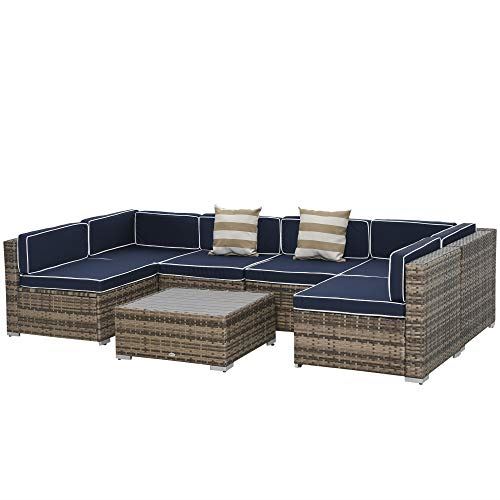Outsunny 7-Piece Outdoor Rattan Sofa Set Wicker Patio Sectional Sets, Conversation Furniture Set with Cushions & Slat Plastic Wood Table, Blue