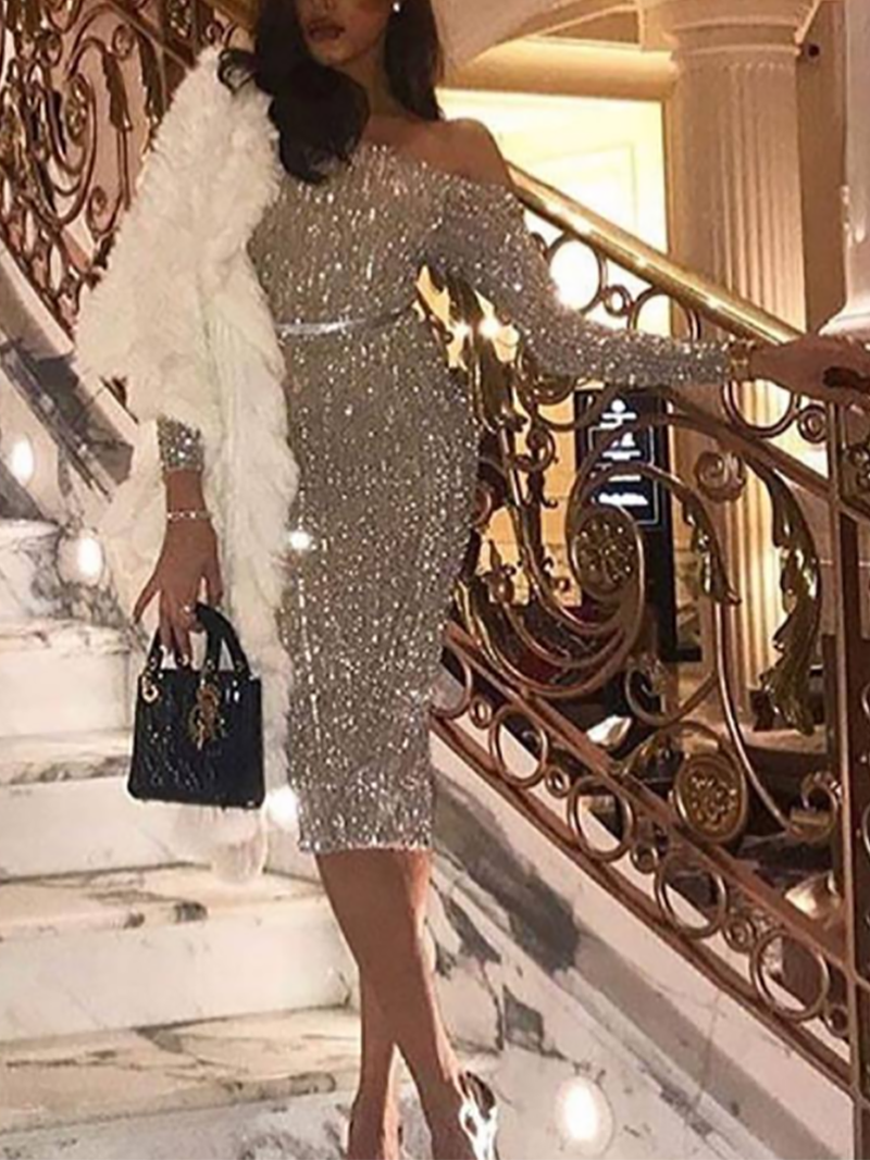 Sexy Off-Shoulder Pure Colour Sequins Evening Dress