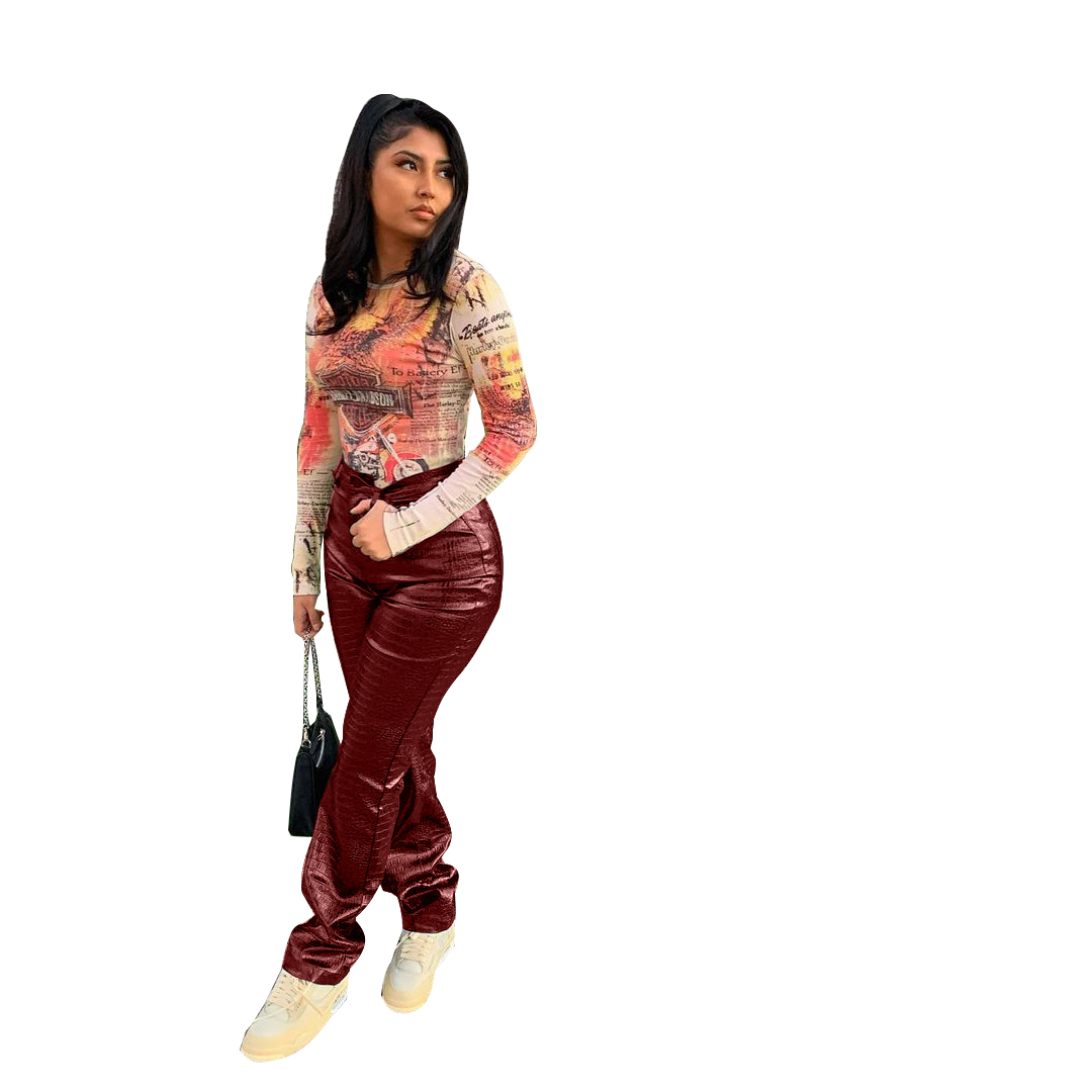 Winter Snake Skin Leather High Waist Pants