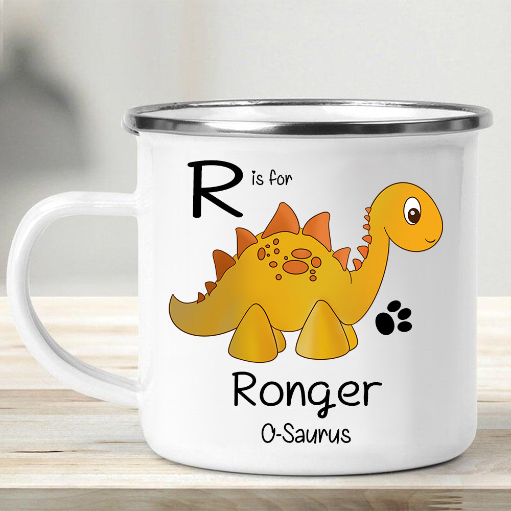Custom Initial and Name Dinosaur Children's Enamel Campfire Mug I