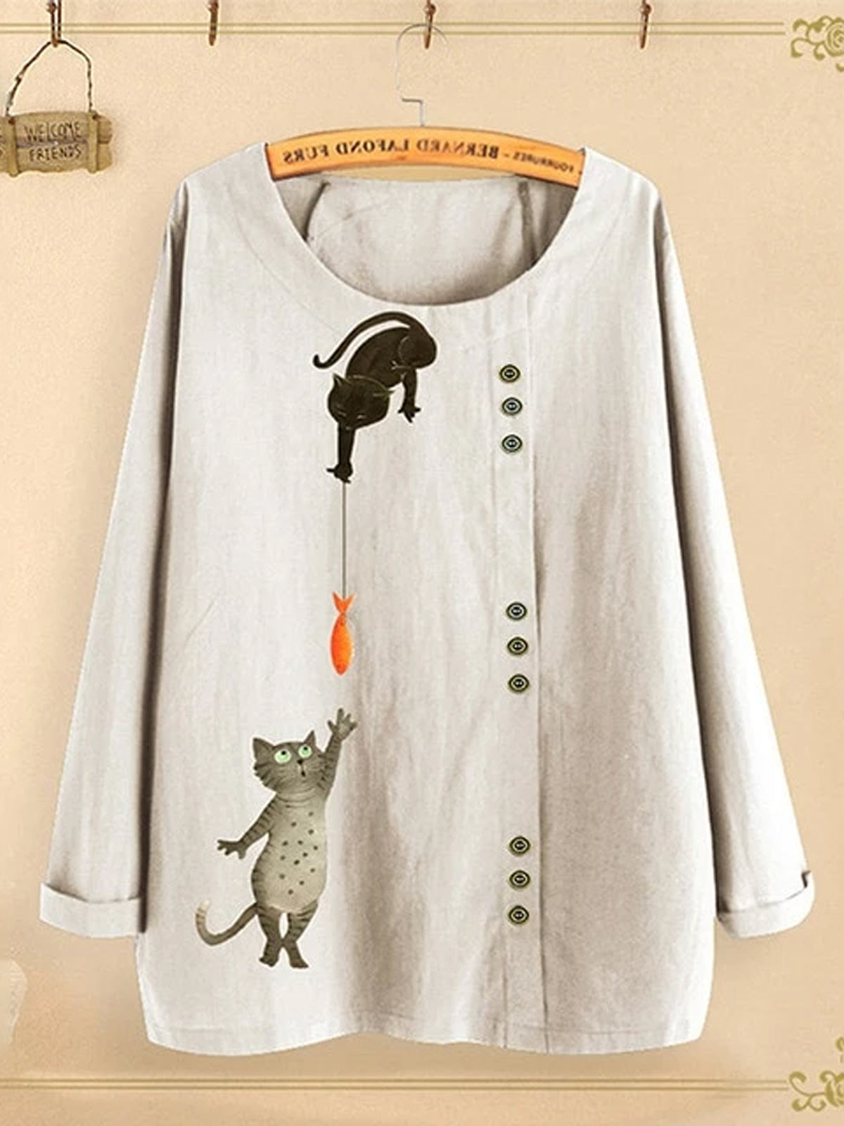 Cat Fish Print Shirt Round Neck Long Sleeve Cotton Linen Casual Blouse
