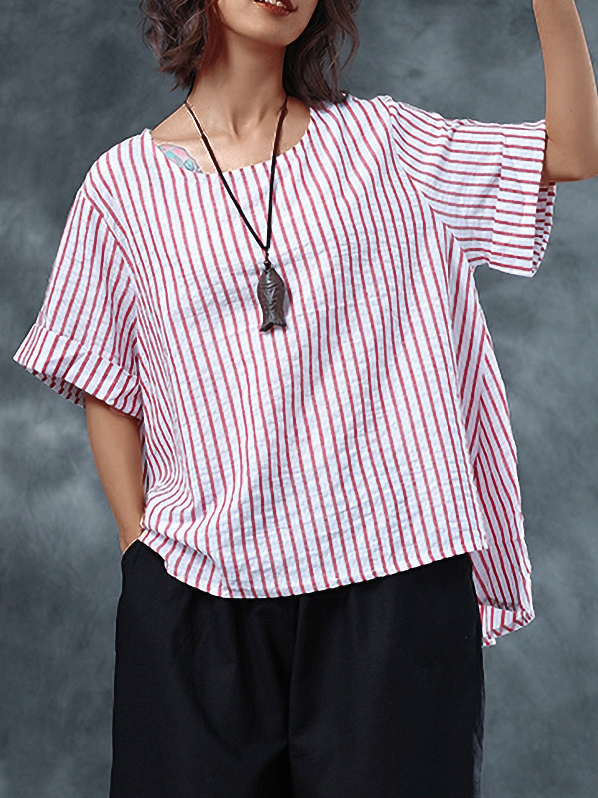 Plus Size Women Short Sleeves Round Neck Striped Loose Casual Tops