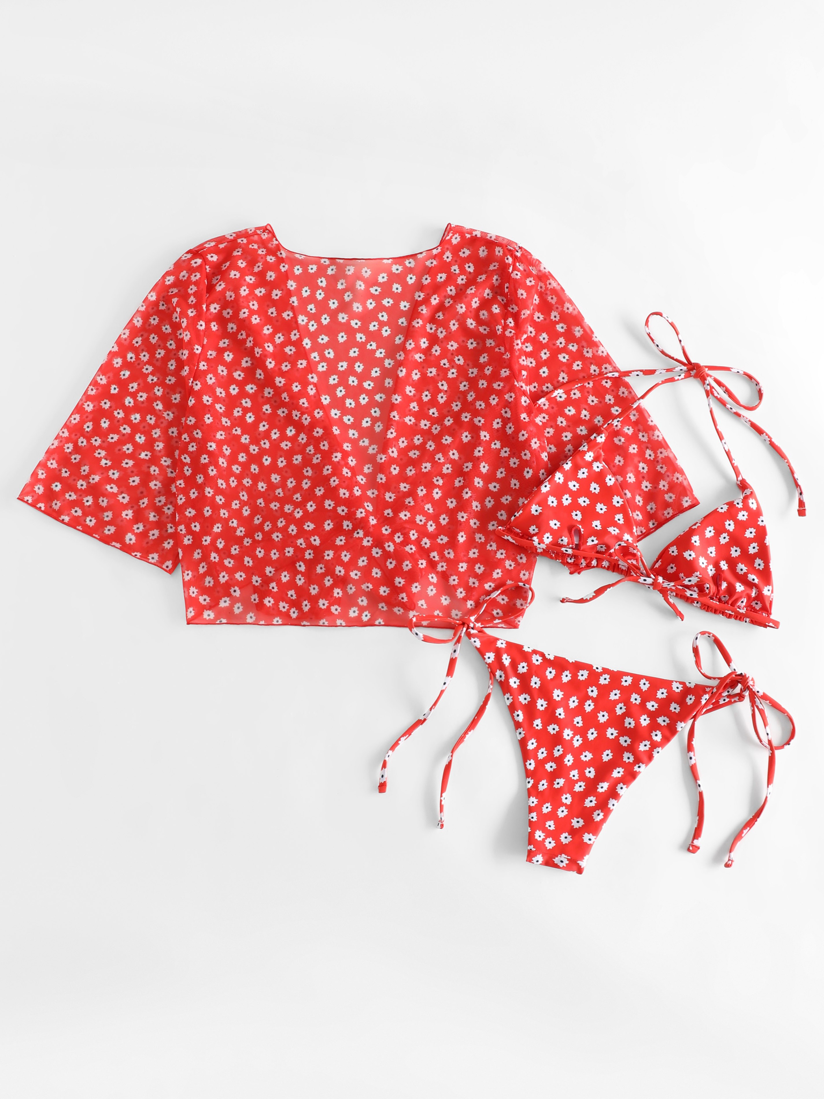 Daisy Print Halter Neck Three-Piece Bikini Set