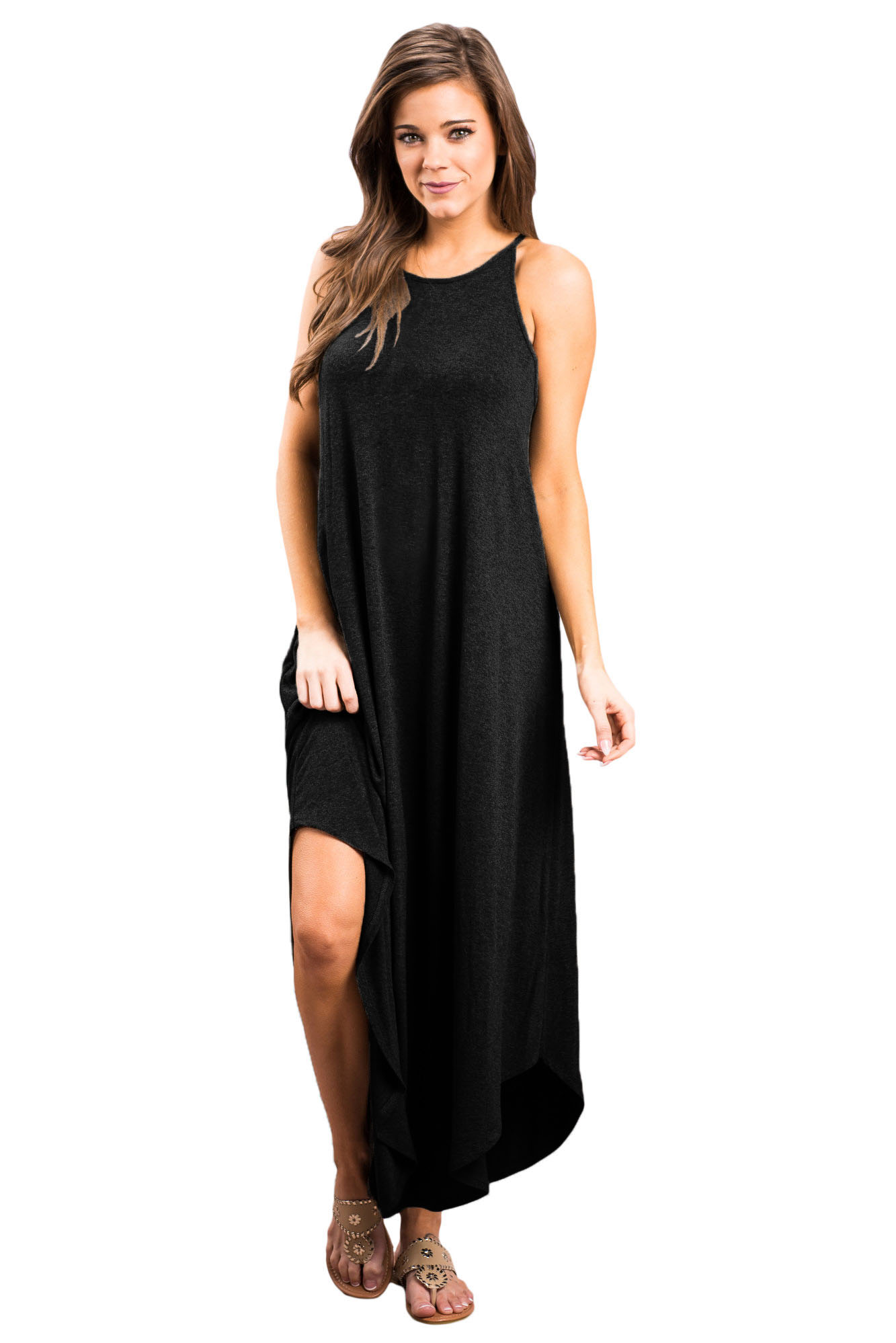 Black Sexy Chic Sleeveless Asymmetric Trim Maxi Dress