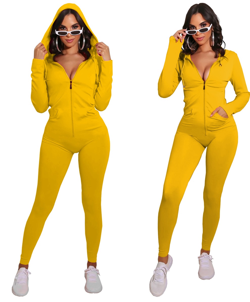 Autumn Sports Fitness Solid Plain Zip Up Hoodie Jumpsuit