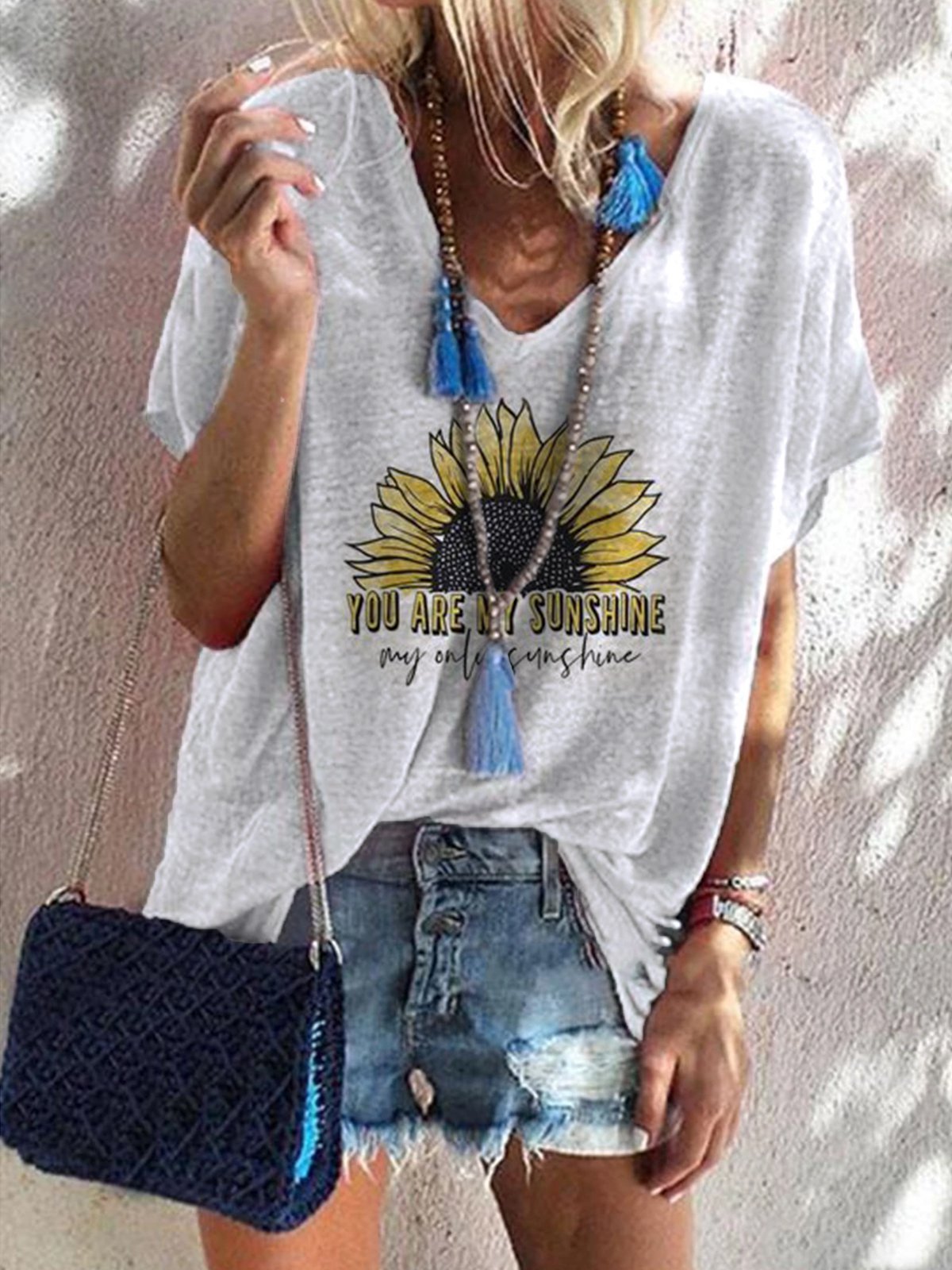 Summer simple casual sunflower print T-shirt